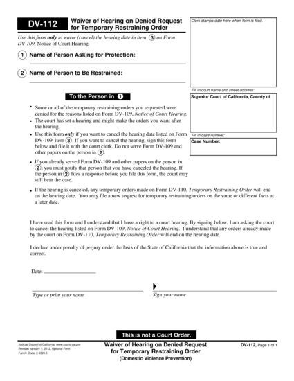View DV-112 Waiver of Hearing on Denied Request for Temporary Restraining Order form
