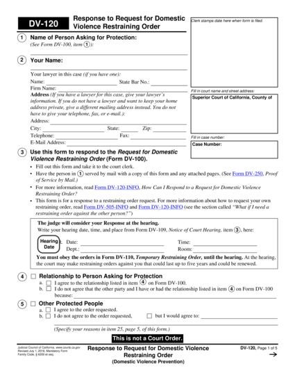 View DV-120 Response to Request for Domestic Violence Restraining Order form