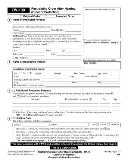 View DV-130 Restraining Order After Hearing (Order of Protection) (CLETS—OAH) form