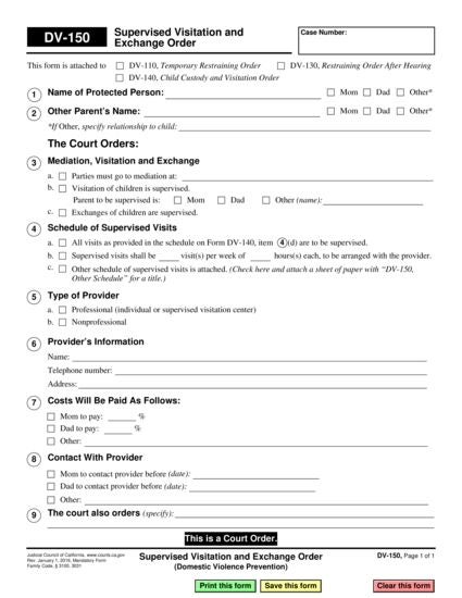 View DV-150 Supervised Visitation and Exchange Order form