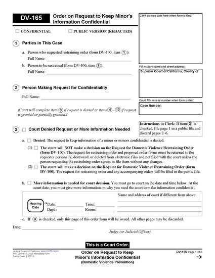 View DV-165 Order on Request to Keep Minor's Information Confidential  form