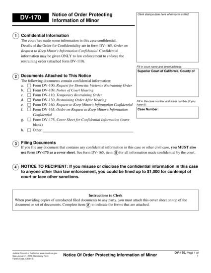 View DV-170 Notice of Order Protecting Information of Minor form