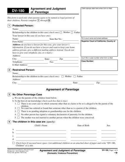 View DV-180 Agreement and Judgment of Parentage form