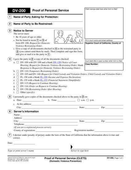 View DV-200 Proof of Personal Service (CLETS) form