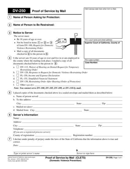 View DV-250 Proof of Service by Mail (CLETS) (Domestic Violence Prevention) form