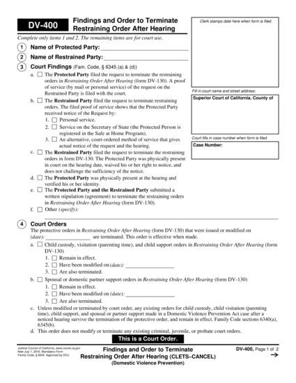 View DV-400 Findings and Order to Terminate Restraining Order After Hearing (CLETS—CANCEL) form