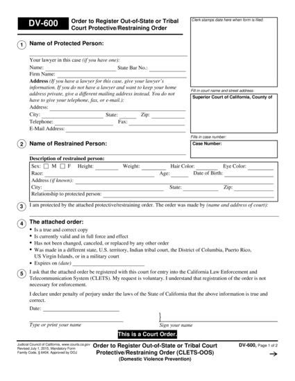 View DV-600 Order to Register Out-of-State or Tribal Court Protective/Restraining Order form