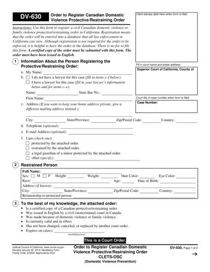 View DV-630 Order to Register Canadian Domestic Violence Protective/Restraining Order form
