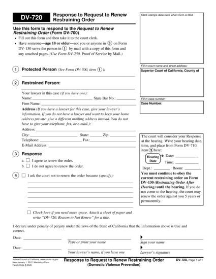 View DV-720 Response to Request to Renew Restraining Order form