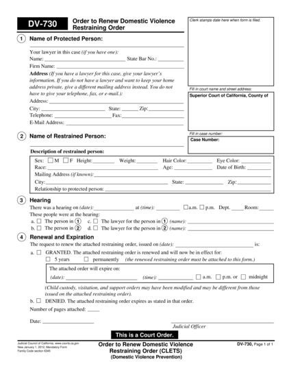 View DV-730 Order to Renew Domestic Violence Restraining Order form