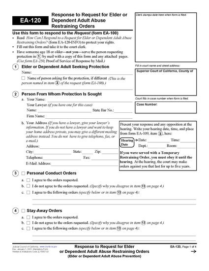 View EA-120 Response to Request for Elder or Dependent Adult Abuse Restraining Orders form