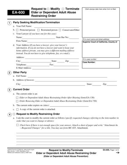 View EA-600 Request to Modify/Terminate Elder or Dependent Adult Abuse Restraining Order form