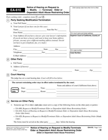 View EA-610 Notice of Hearing to Modify/Terminate Elder or Dependent Adult Abuse Restraining Order form
