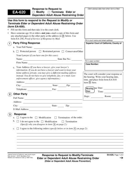 View EA-620 Response to Request to Modify/Terminate Elder or Dependent Adult Abuse Restraining Order form