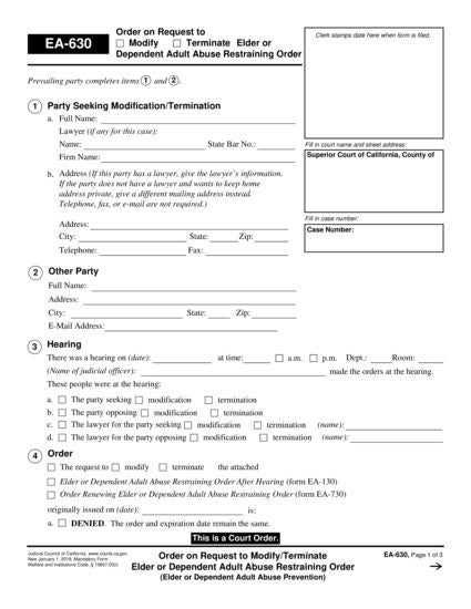 View EA-630 Order on Request to Modify/Terminate Elder or Dependent Adult Abuse Restraining Order form