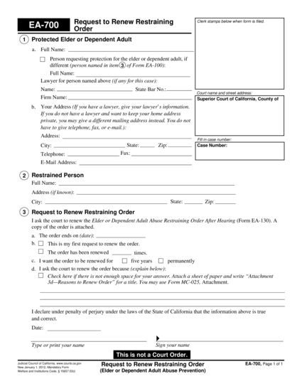 View EA-700 Request to Renew Restraining Order form