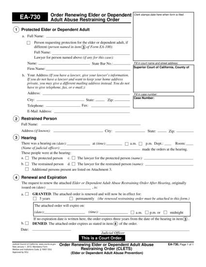View EA-730 Order Renewing Elder or Dependent Adult Abuse Restraining Order form
