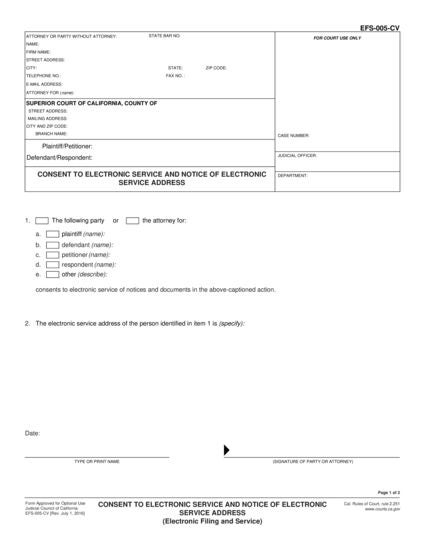 View EFS-005-CV Consent to Electronic Service and Notice of Electronic Service Address form