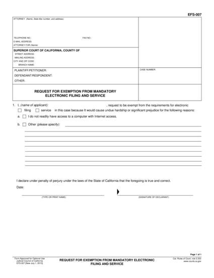 View EFS-007 Request for Exemption from Mandatory Electronic Filing and Service form