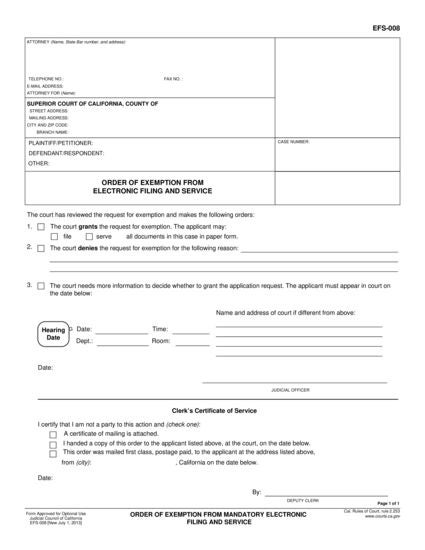 View EFS-008 Order of Exemption from Electronic Filing and Service form