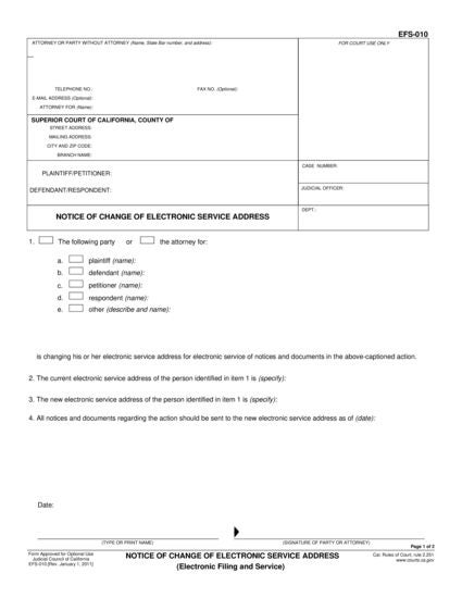 View EFS-010 Notice of Change of Electronic Service Address form