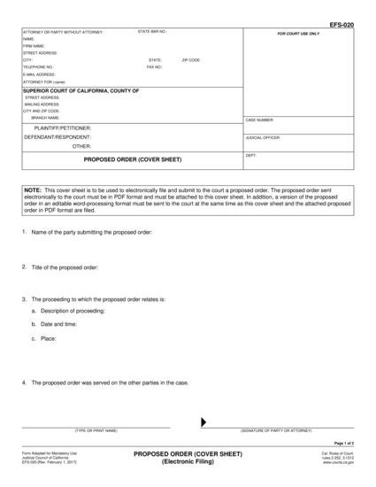 View EFS-020 Proposed Order (Cover Sheet) form