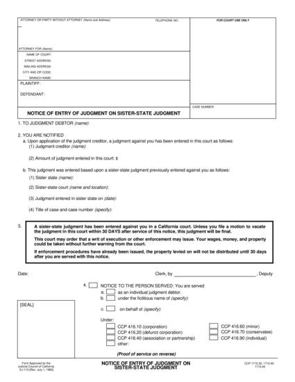 View EJ-110 Notice of Entry of Judgment on Sister-State Judgment form
