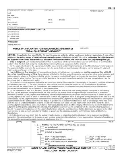 View EJ-115 Notice of Application for Recognition and Entry of Tribal Court Money Judgment form