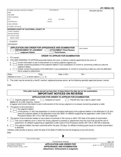 View EJ-125 Application and Order for Appearance and Examination form