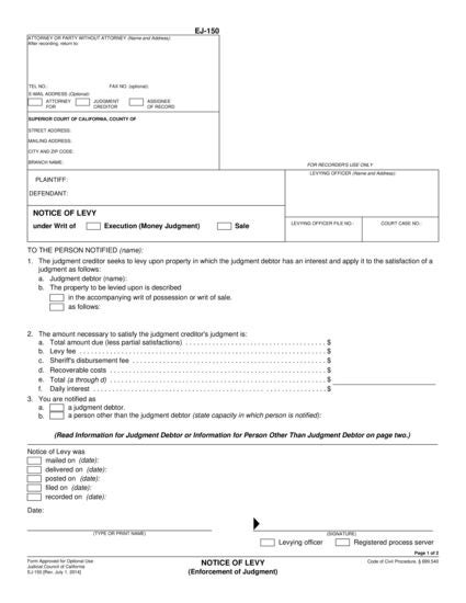 View EJ-150 Notice of Levy form