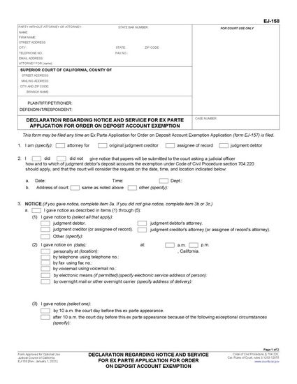 View EJ-158 Declaration Regarding Notice and Service for Ex Parte Application for Order on Deposit Account Exemption form