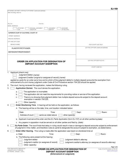 View EJ-159 Order on Application for Designation of Deposit Account Exemption form