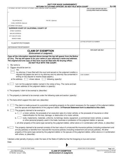 View EJ-160 Claim of Exemption (Enforcement of Judgment) form