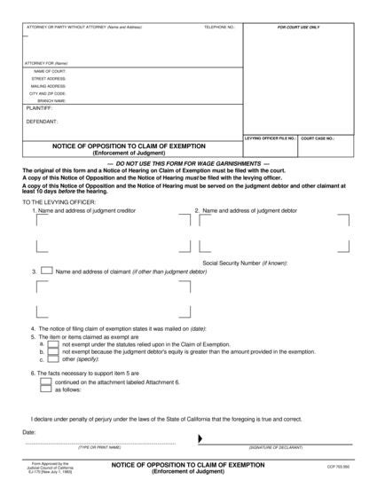 View EJ-170 Notice of Opposition to Claim of Exemption form