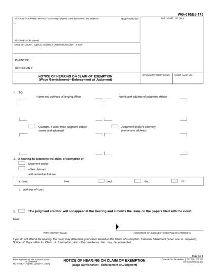 View EJ-175 Notice of Hearing on Claim of Exemption form