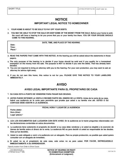 View EJ-180 Notice of Hearing on Right to Homestead Exemption form