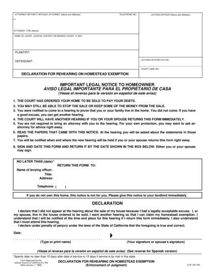 View EJ-182 Notice of Rehearing on Right to Homestead Exemption form
