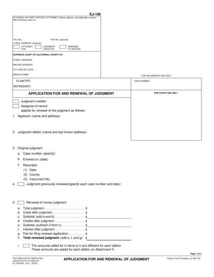 View EJ-190 Application for and Renewal of Judgment form