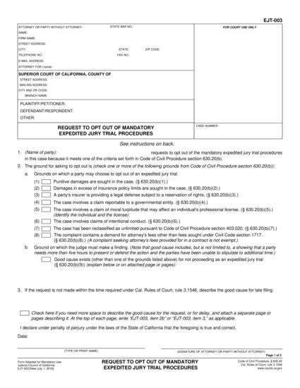 View EJT-003 Request to Opt Out of Mandatory Expedited Jury Trial Procedures form