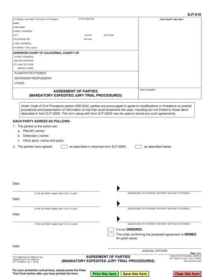 View EJT-018 Agreement of Parties (Mandatory Expedited Jury Trial Procedures) form