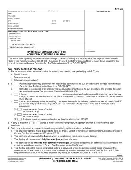 View EJT-020 [Proposed] Consent Order for Voluntary Expedited Jury Trial form