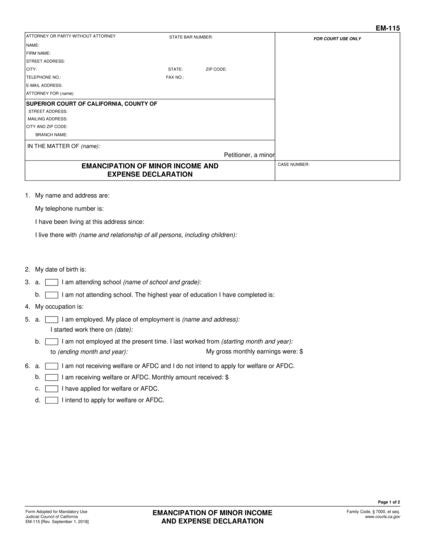 View EM-115 Emancipation of Minor Income and Expense Declaration form