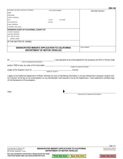 View EM-140 Emancipated Minor's Application to California Department of Motor Vehicles form