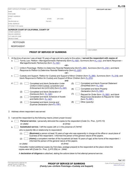 View FL-115 Proof of Service of Summons (Family Law-Uniform Parentage-Custody and Support) form