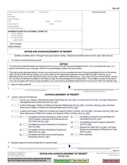 View FL-117 Notice and Acknowledgment of Receipt form