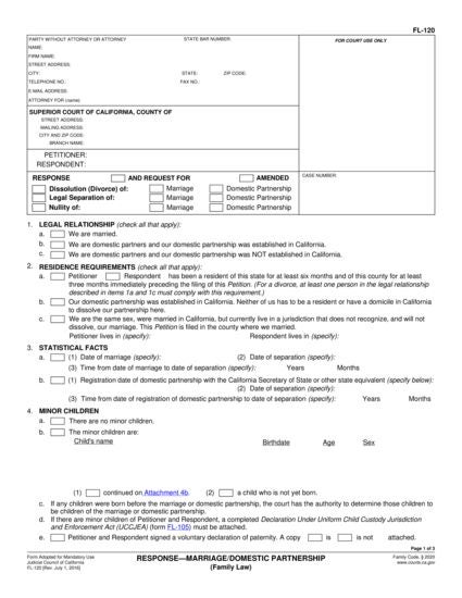 View FL-120 Response—Marriage/Domestic Partnership (Family Law) form