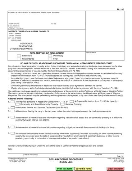 View FL-140 Declaration of Disclosure form