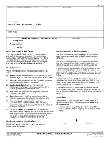 View FL-145 Form Interrogatories—Family Law form