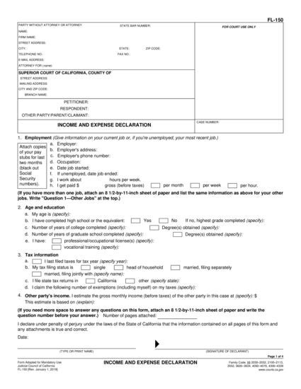 View FL-150 Income and Expense Declaration form