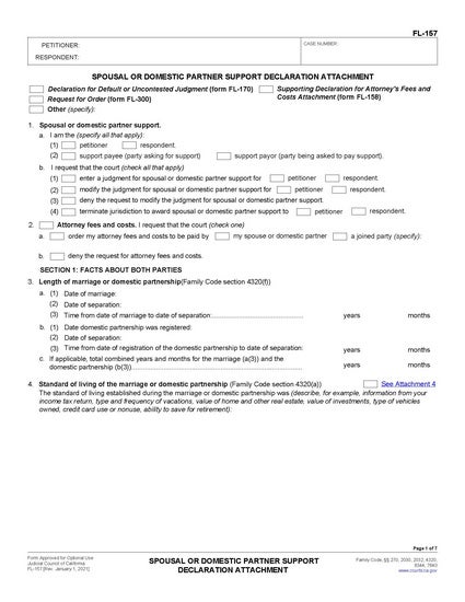 View FL-157 Spousal or Domestic Partner Support Declaration Attachment form
